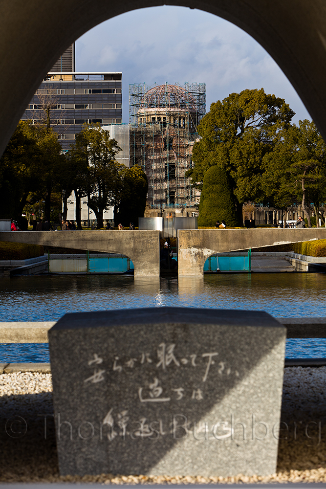 Close-up view of the A-Bomb Dome through the Cenotaph
